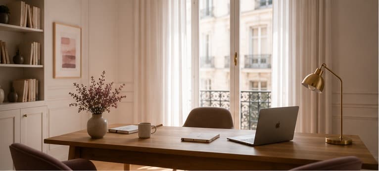 Despacho de EIAP: un espacio de trabajo tranquilo con escritorio, luz natural y materiales de consulta